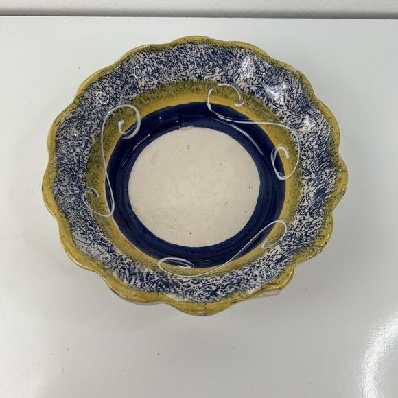 Handmade Hand painted Ceramic Bowl Yellow And Blue With Swirls Made In Mexico - Picture 1 of 3